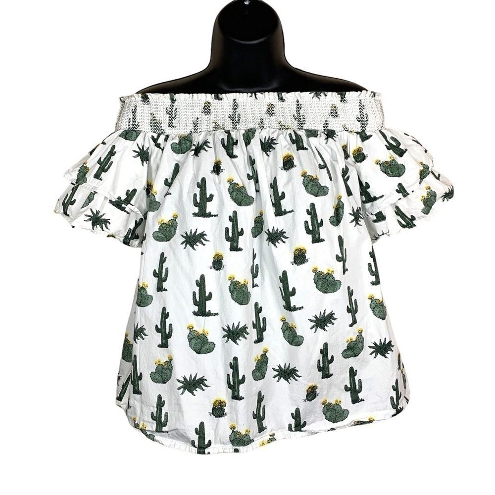 Cactus Print Ruffle Short Sleeve Off Shoulder Top Medium Blue Rain Western